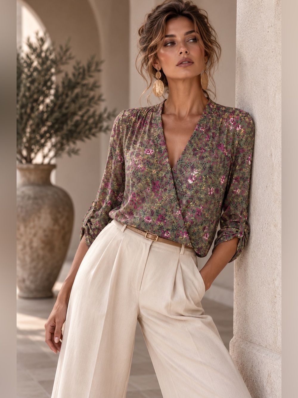 KUT from the Kloth Imani Sz S Faux Wrap Floral Chiffon Blouse Olive Green Pink
